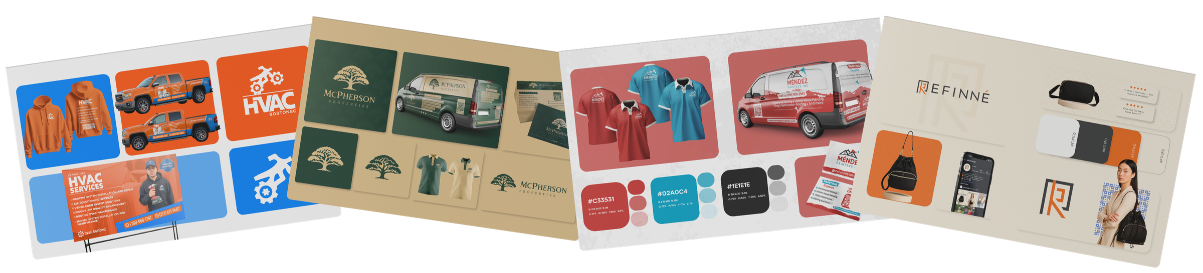 Four brand identity boards by Edilab Studio — HVAC Boston, McPherson Properties, Mendez Painters and Refinné