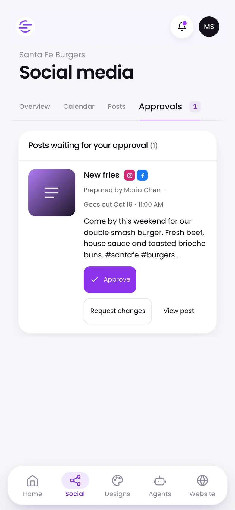 Approving a social media post in the app