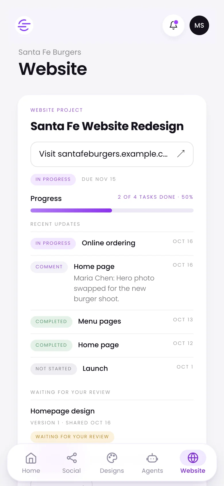 Website progress in the app