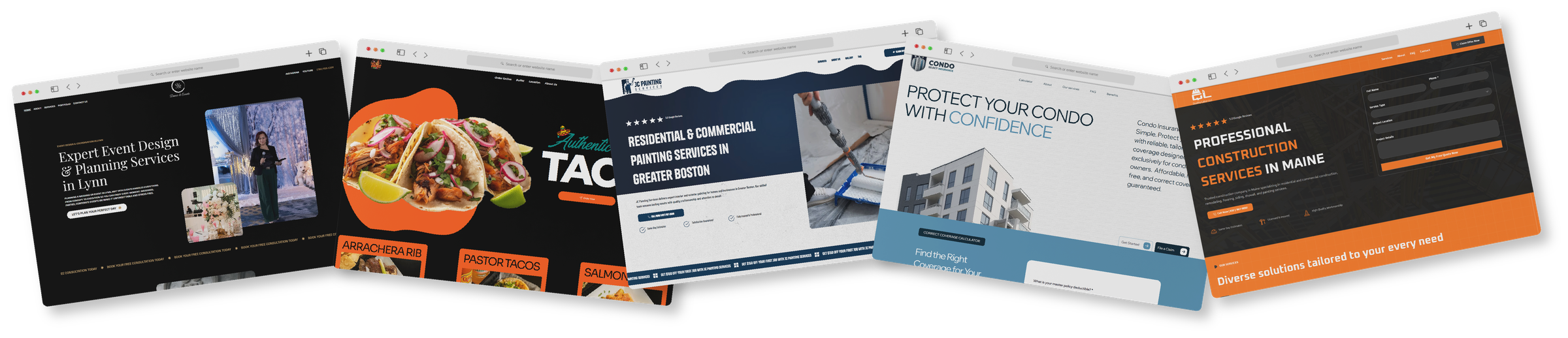 Five websites built by Edilab Studio shown in browser windows — event planning, taqueria, painting contractor, condo insurance and construction